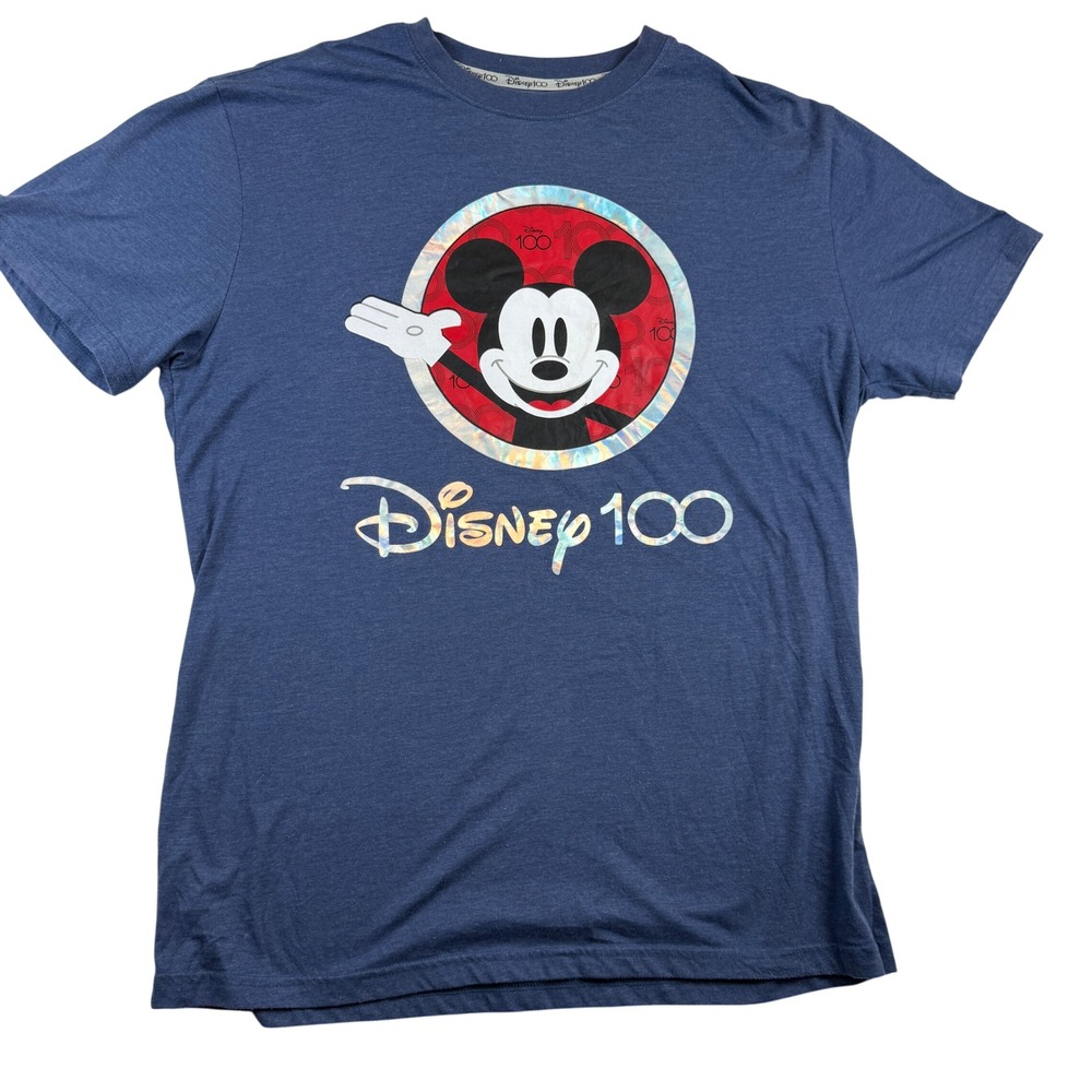 Disney 100 Mickey Mouse Shirt Mens Large Blue Heather Graphic Tee Iridescent L